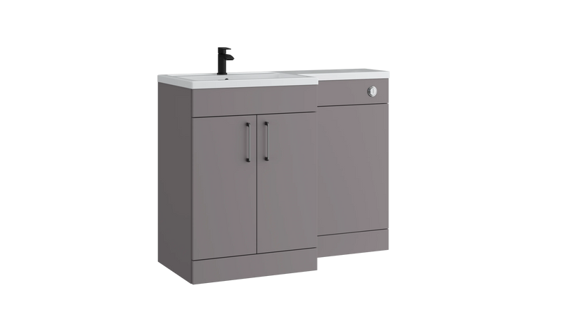 Kartell K-VIT Dove 900mm L-shaped door unit furniture pack in slate grey with vanity unit, WC unit and L-shaped ceramic basin (left hand configuration illustrated)