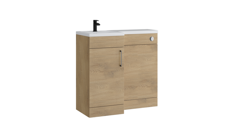Kartell K-VIT Dove 900mm L-shaped door unit furniture pack in torro oak with vanity unit, WC unit and L-shaped ceramic basin (left hand configuration illustrated)