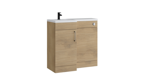 Kartell K-VIT Dove 900mm L-shaped door unit furniture pack in torro oak with vanity unit, WC unit and L-shaped ceramic basin (left hand configuration illustrated)