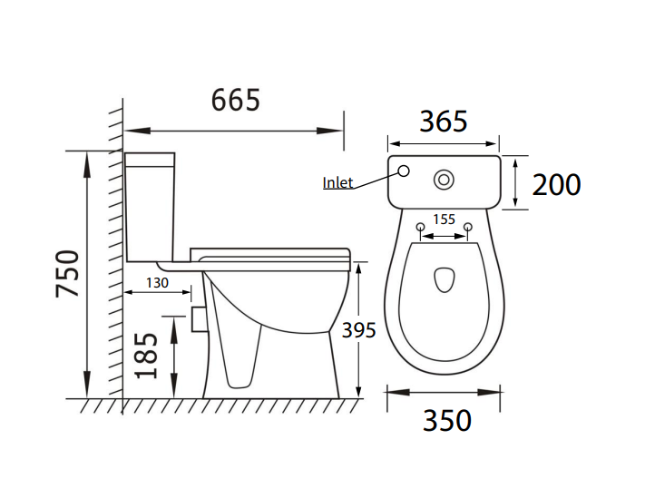 Kartell K-VIT Proton Rimless WC-To-Go technical drawing with dimensions (PRO665BIB)
