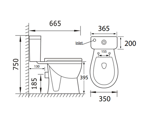 Kartell K-VIT Proton Rimless WC-To-Go technical drawing with dimensions (PRO665BIB)