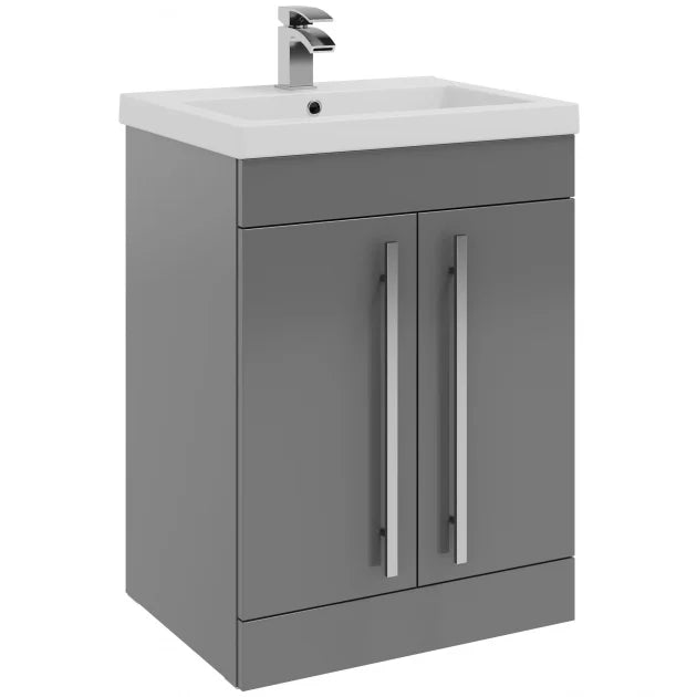 Kartell K-VIT Purity 600mm floor standing 2 door vanity unit with mid depth ceramic basin in storm grey gloss (photo shows standard basin)