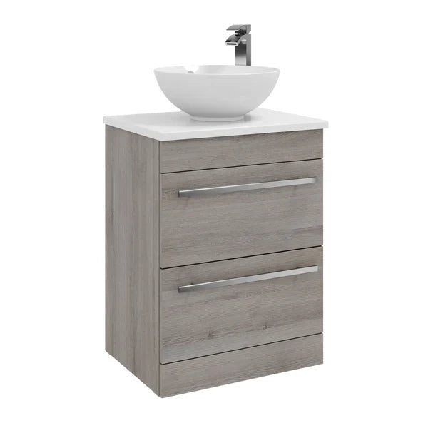 Kartell K-VIT Purity 600mm floor standing 2 drawer unit with ceramic worktop and sit on bowl in silver oak (PSO600DR FUR433PU FUR435PU)