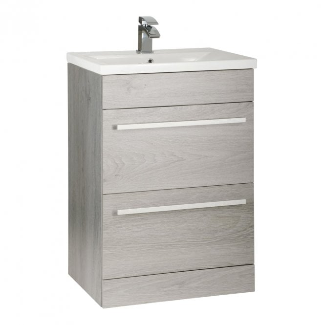 Kartell K-VIT Purity 600mm floor standing 2 drawer vanity unit with mid depth ceramic basin in silver oak (PSO600DR FUR061PU)