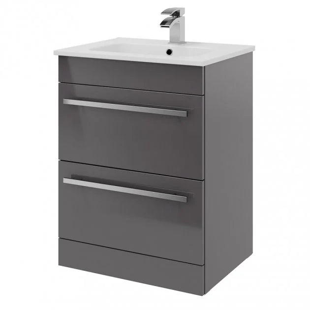 Kartell K-VIT Purity 600mm floor standing 2 drawer vanity unit with mid depth ceramic basin in storm grey gloss (photo shows standard basin)