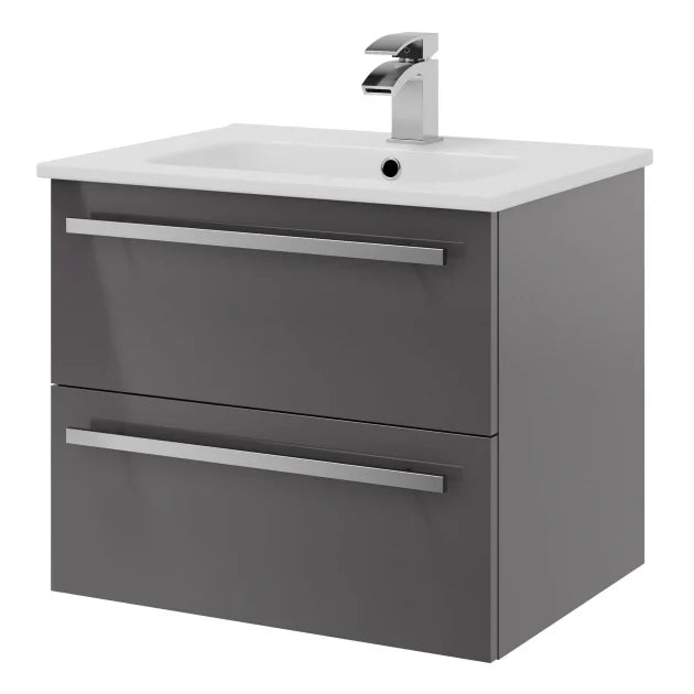 Kartell K-VIT Purity 600mm wall mounted 2 drawer vanity unit with mid depth ceramic basin in storm grey gloss (photo shows standard basin)