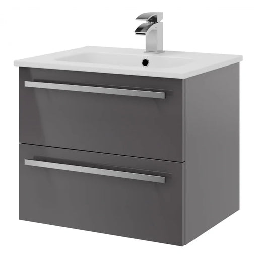 Kartell K-VIT Purity 600mm wall mounted 2 drawer vanity unit with mid depth ceramic basin in storm grey gloss (photo shows standard basin)