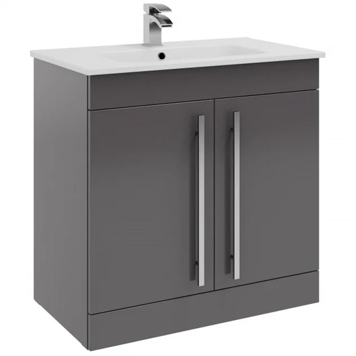 Kartell K-VIT Purity 800mm floor standing 2 door vanity unit with mid depth ceramic basin in storm grey gloss (photo shows standard basin)