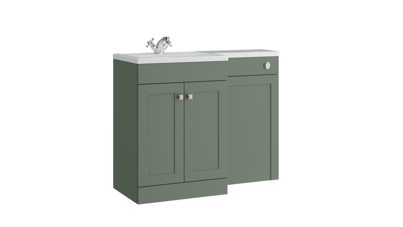 Kartell K-VIT Sanctuary 1100mm L-shaped furniture pack in corymbia green with 600mm vanity unit, WC unit and L-shaped ceramic basin (SAN600FSDO-CG SANLSWC-CG FUR430NEW)