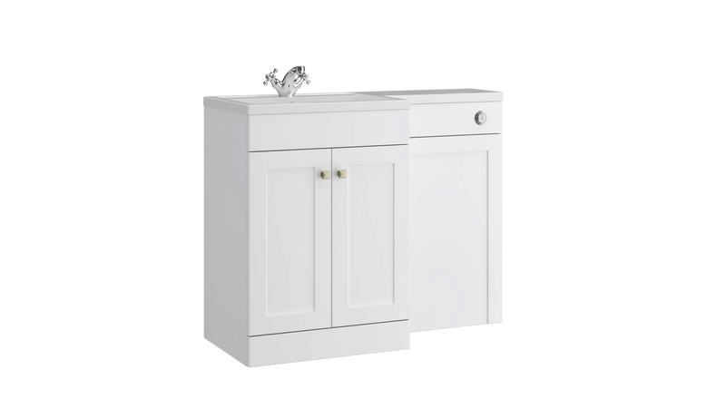 Kartell K-VIT Sanctuary 1100mm L-shaped furniture pack in matt white with 600mm vanity unit, WC unit and L-shaped ceramic basin (SAN600FSDO-SW SANLSWC-SW FUR430NEW)
