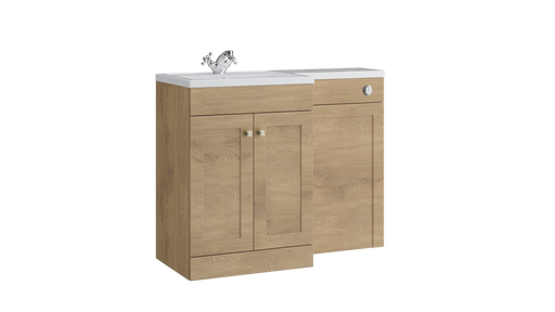 Kartell K-VIT Sanctuary 1100mm L-shaped furniture pack in torro oak with 600mm vanity unit, WC unit and L-shaped ceramic basin (SAN600FSDO-TO SANLSWC-TO FUR430NEW)