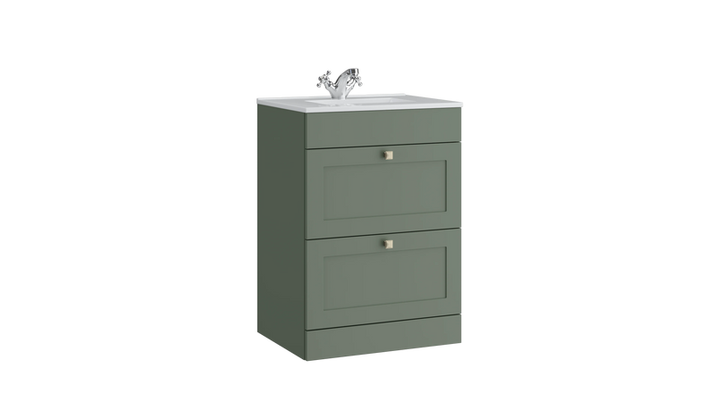 Kartell K-VIT Sanctuary 600mm 2 drawer floor standing vanity unit with white ceramic basin in corymbia green (SAN600FSDR-CG)