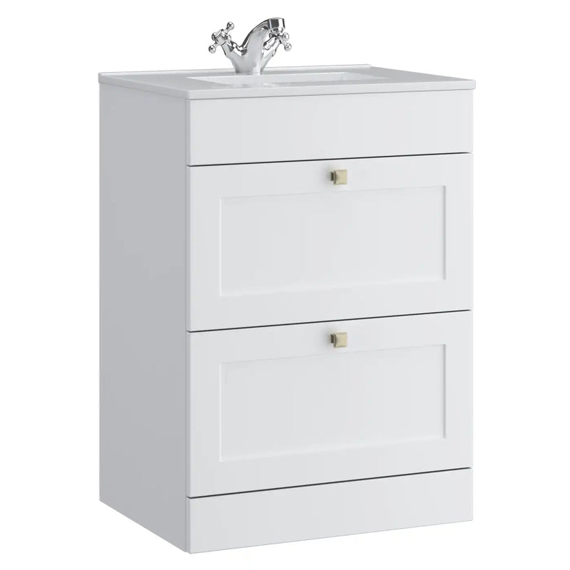 Kartell K-VIT Sanctuary 600mm 2 drawer floor standing vanity unit with white ceramic basin in matt white (SAN600FSDR-SW)