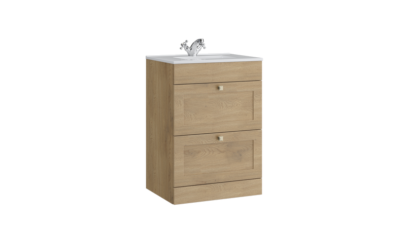 Kartell K-VIT Sanctuary 600mm 2 drawer floor standing vanity unit with white ceramic basin in torro oak (SAN600FSDR-TO)