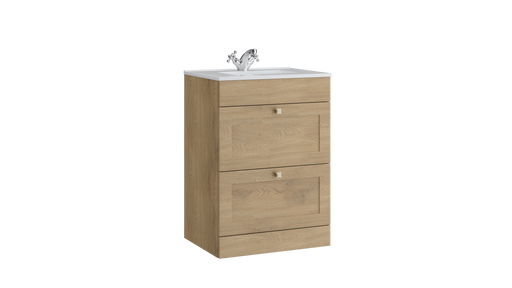 Kartell K-VIT Sanctuary 600mm 2 drawer floor standing vanity unit with white ceramic basin in torro oak (SAN600FSDR-TO)