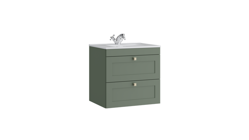 Kartell K-VIT Sanctuary 600mm 2 drawer wall mounted vanity unit with white ceramic basin in corymbia green (SAN600WMDR-CG)