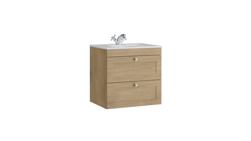 Kartell K-VIT Sanctuary 600mm 2 drawer wall mounted vanity unit with white ceramic basin in torro oak (SAN600WMDR-TO)
