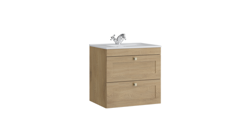 Kartell K-VIT Sanctuary 600mm 2 drawer wall mounted vanity unit with white ceramic basin in torro oak (SAN600WMDR-TO)