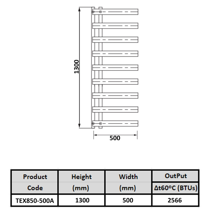 Kartell Texas Towel Rail 1300 x 500mm dimensions