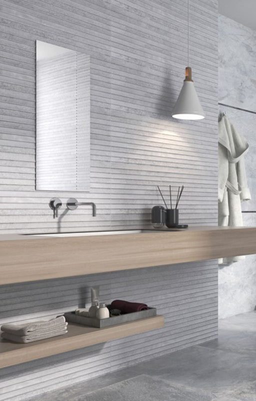 Lakeland Grey Stone Effect Matt Ceramic Overlap Decor Wall Tile 300x900mm