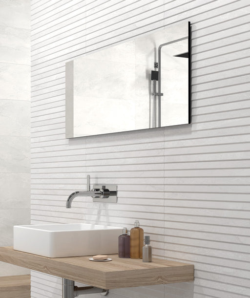 Lakeland White Stone Effect Matt Ceramic Overlap Decor Wall Tile 300x600mm