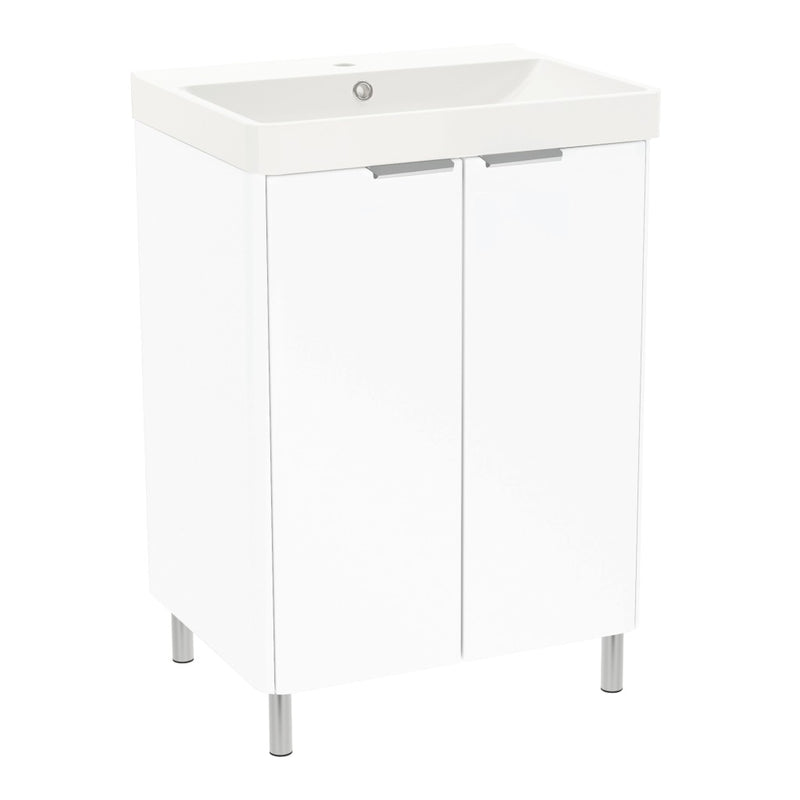 Ledbury 600mm Two Door Floor Standing Unit & Basin in White Gloss with Chrome Handles & Legs