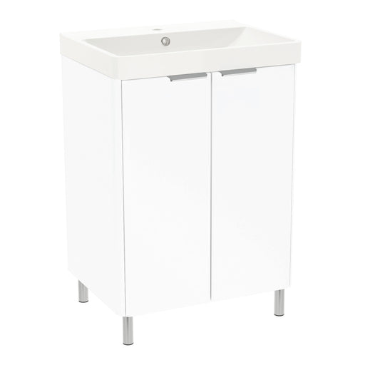 Ledbury 600mm Two Door Floor Standing Unit & Basin in White Gloss with Chrome Handles & Legs