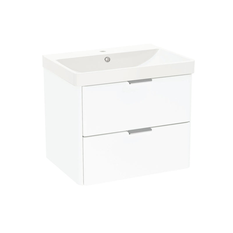 Ledbury 600mm Two Drawer Wall Hung Unit & Basin in White Gloss with Chrome Handles