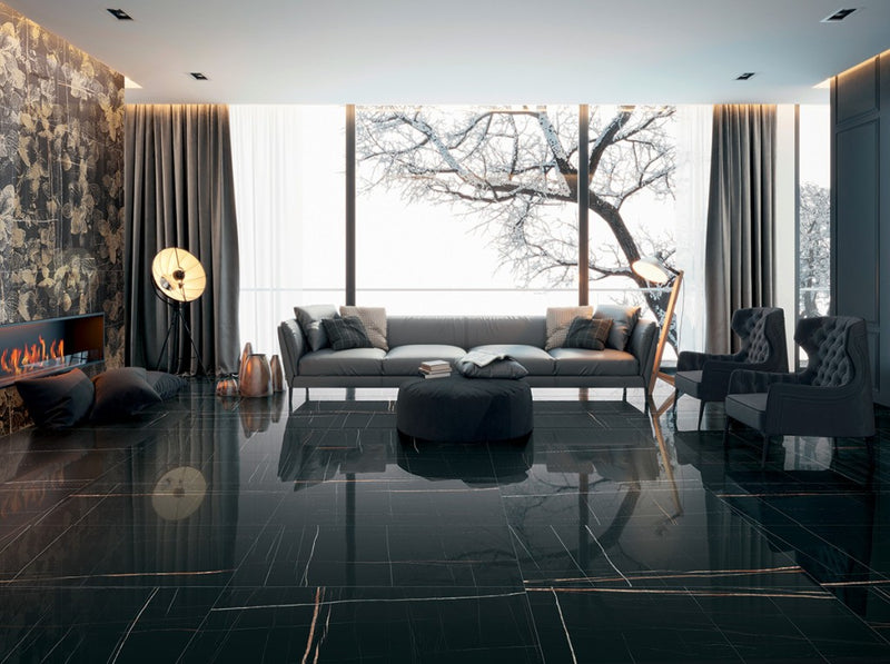 Miramar Black Marble Effect Polished Porcelain Wall & Floor Tile 600x1200mm