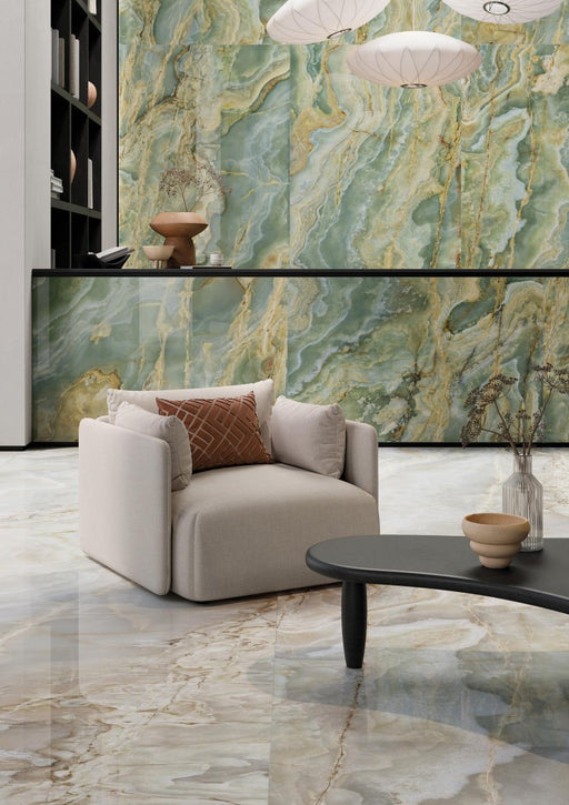 Miramar green & gold onyx effect tile 600x1200mm - view 2
