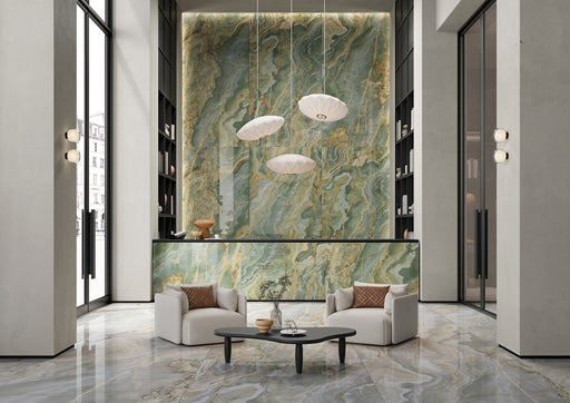 Miramar Green & Gold Onyx Effect Polished Porcelain Wall & Floor Tile 600x1200mm
