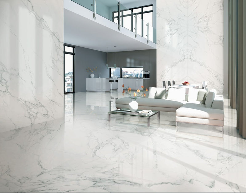 Miramar Statuario White Marble Effect Polished Porcelain Wall & Floor Tile 600x1200mm