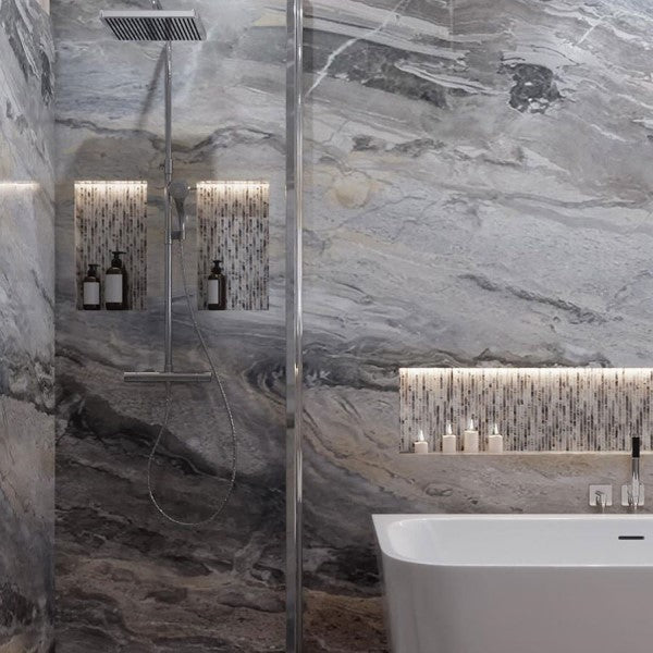 Cappuccino Stone Multipanel Classic wall panels behind a bath