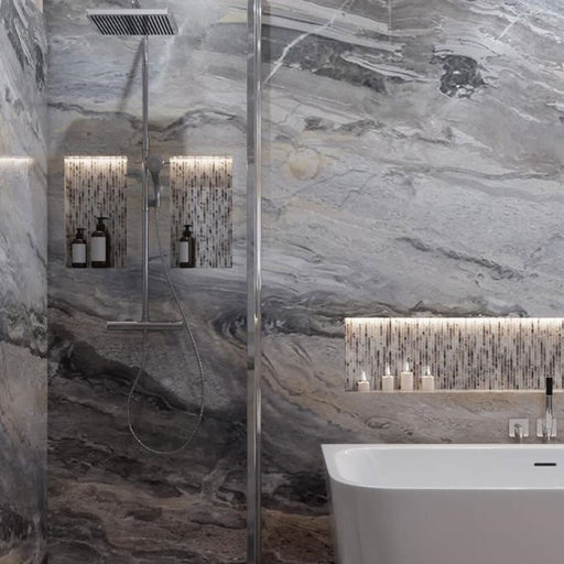 Cappuccino Stone Multipanel Classic wall panels behind a bath
