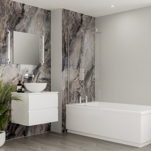 Multipanel Classic Collection Cappuccino Stone waterproof wall panels installed in a bathroom
