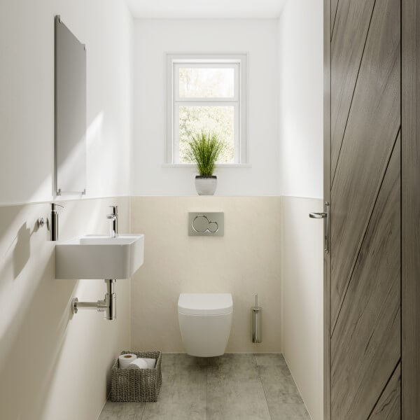Multipanel Classic Collection Riven Marble waterproof wall panels installed in a bathroom