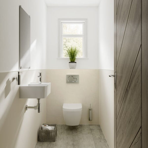 Multipanel Classic Collection Riven Marble waterproof wall panels installed in a bathroom