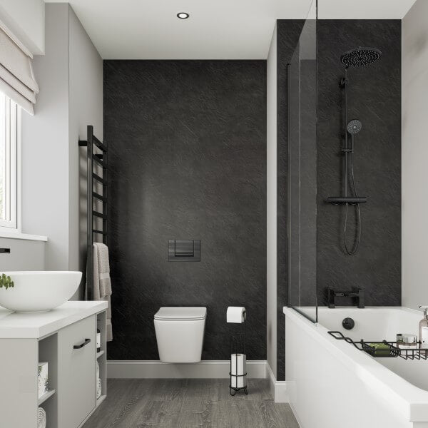 Multipanel Classic Collection Riven Slate waterproof wall panels installed in a bathroom