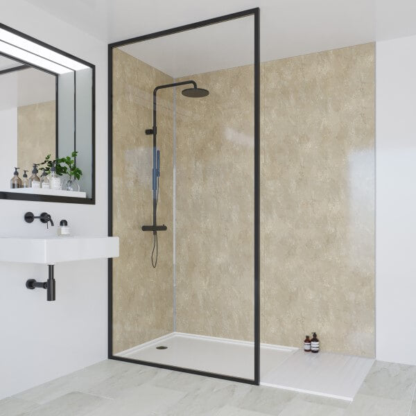Multipanel Classic Collection Travertine waterproof wall panels installed in a bathroom