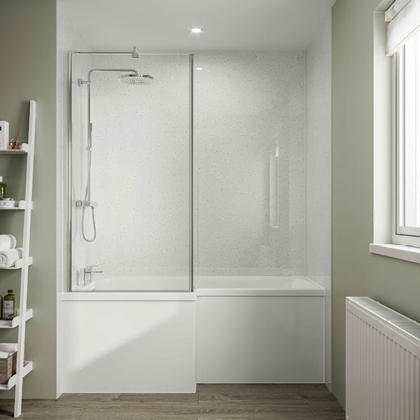 Multipanel Classic Collection White Snow gloss waterproof wall panels installed in a bathroom