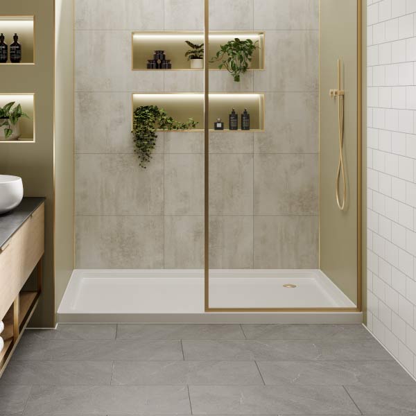 Multipanel Click Monza grout edge vinyl tile flooring with White Gypsum wall panels