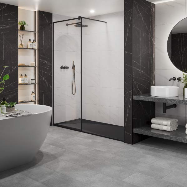 Multipanel Click Vicenza grout edge vinyl tile flooring with Levanto Marble wall panels