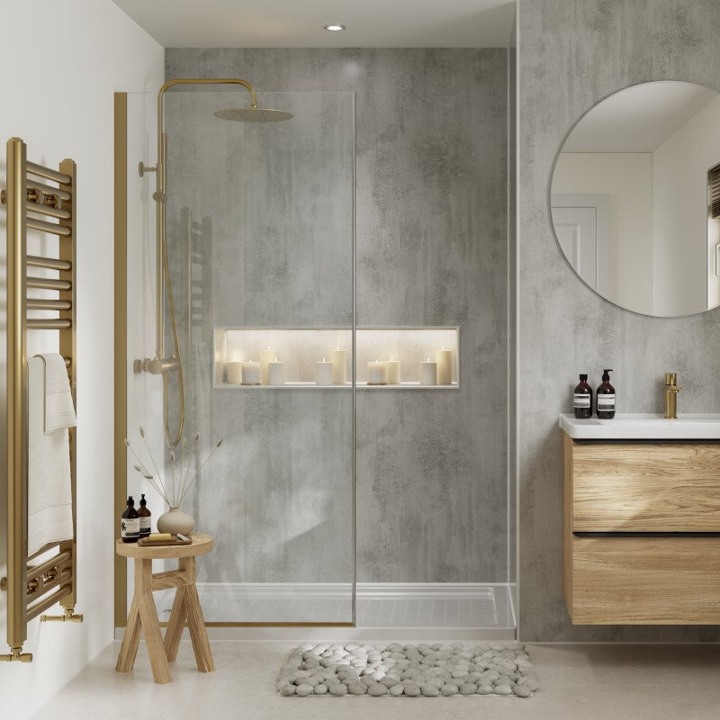 Multipanel Contemporary Collection Arctic Stone waterproof wall panels installed in a bathroom