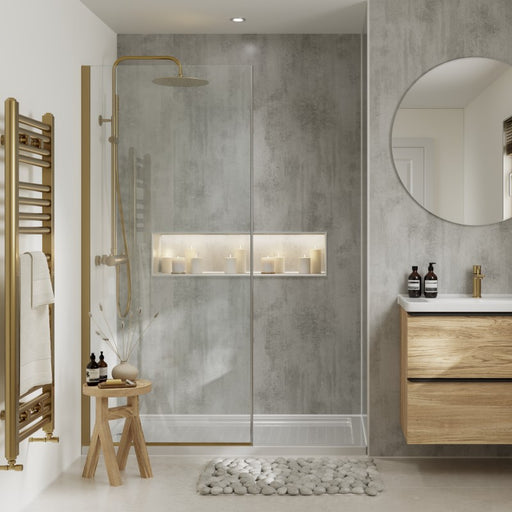 Multipanel Contemporary Collection Arctic Stone waterproof wall panels installed in a bathroom