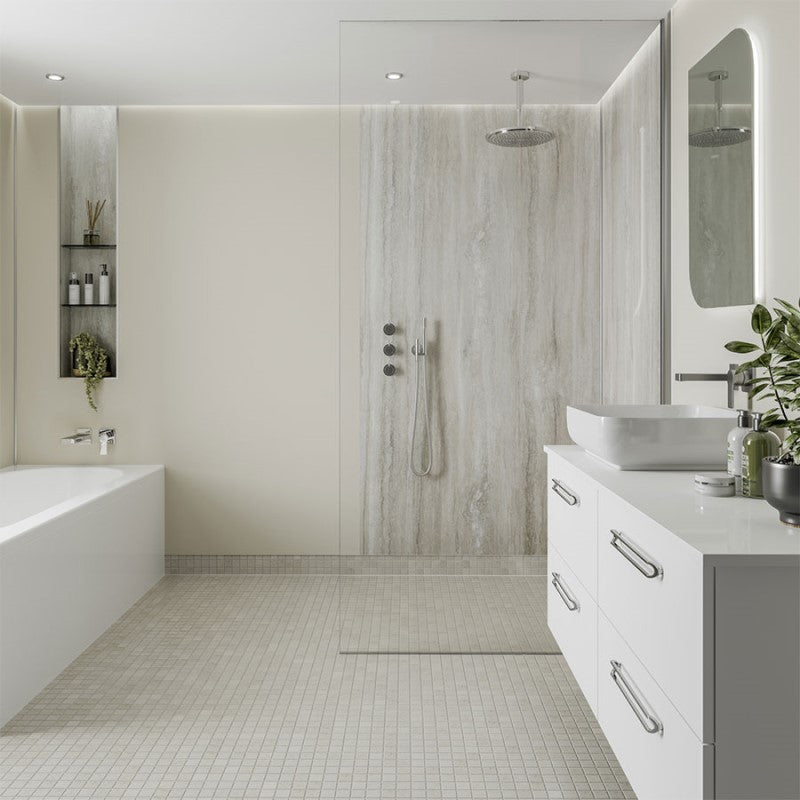 Multipanel Contemporary Collection Jupiter Silver waterproof wall panels installed in a bathroom