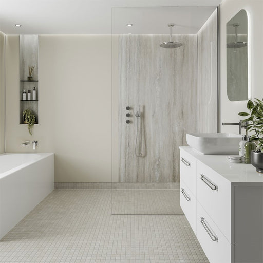 Multipanel Contemporary Collection Jupiter Silver waterproof wall panels installed in a bathroom