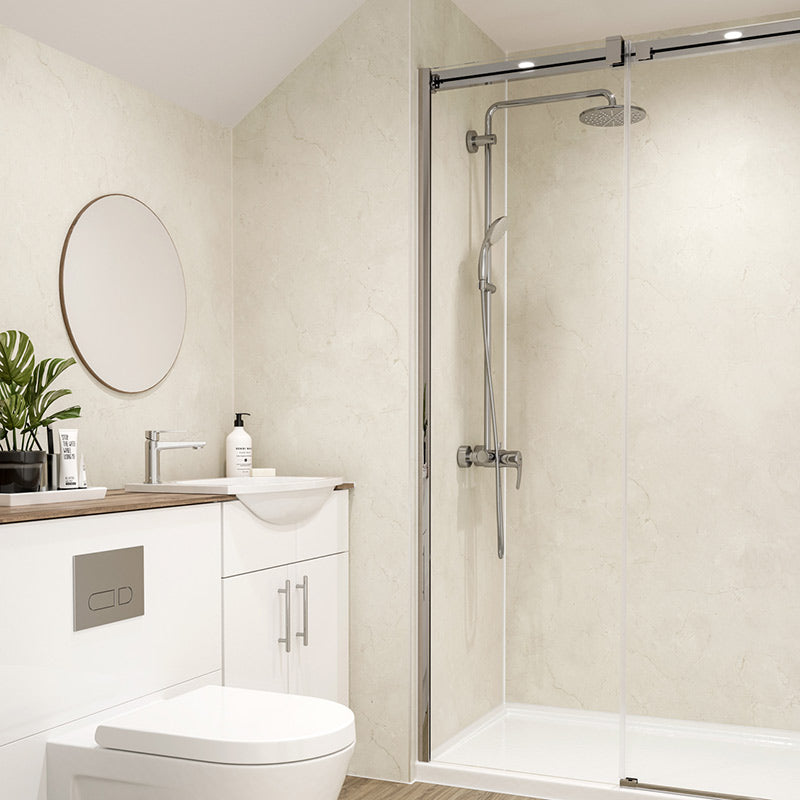 Multipanel Contemporary Collection Marfil Cream waterproof wall panels installed in a bathroom