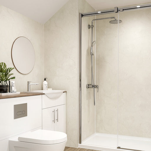 Multipanel Contemporary Collection Marfil Cream waterproof wall panels installed in a bathroom