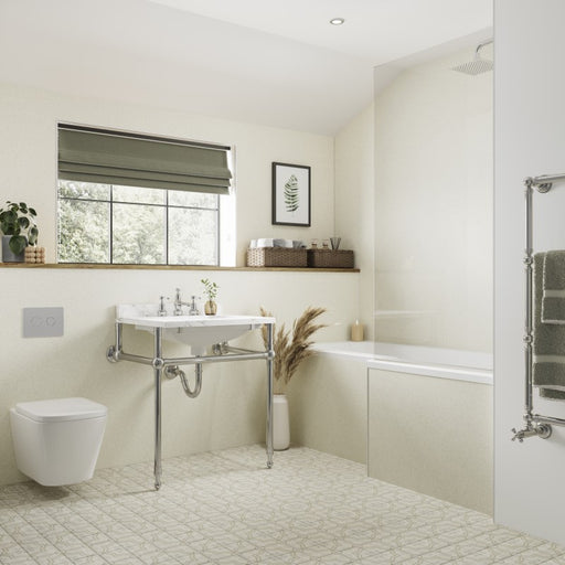 Multipanel Contemporary Collection Senora Stone waterproof wall panels installed in a bathroom