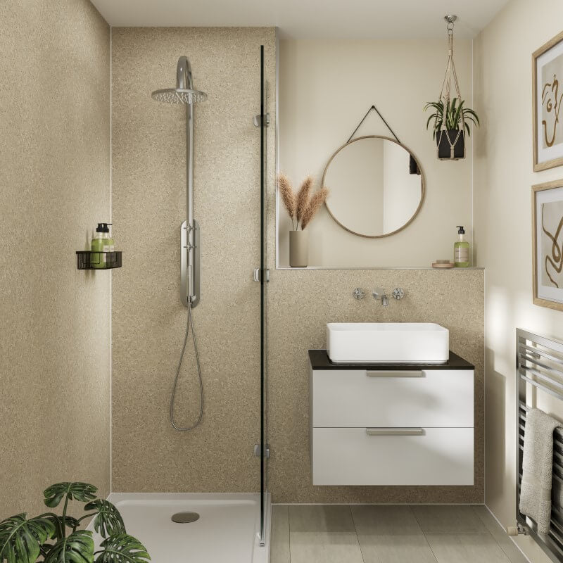 Multipanel Contemporary Collection Tavolo Taupe travertine effect wall panels installed in a bathroom
